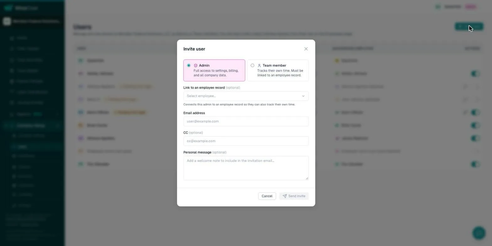 Invite user dialog with the Admin and Team member options