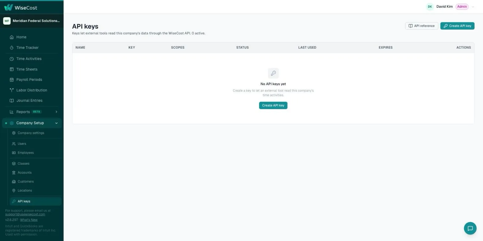 API keys page with the Create API key button