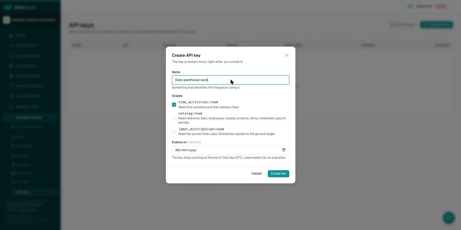 Create API key dialog with name, scopes and optional expiration