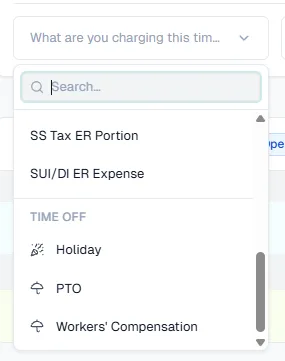 Account picker with the Time off group listing Holiday and PTO