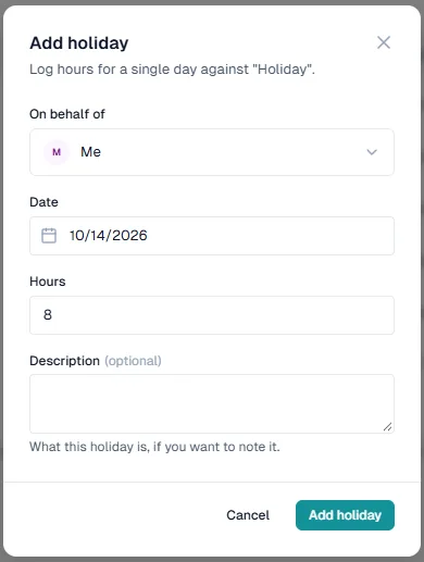 Add holiday form with on behalf of, date, hours and description