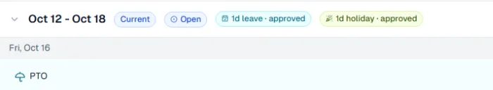 Period header with leave and holiday chips and a PTO entry