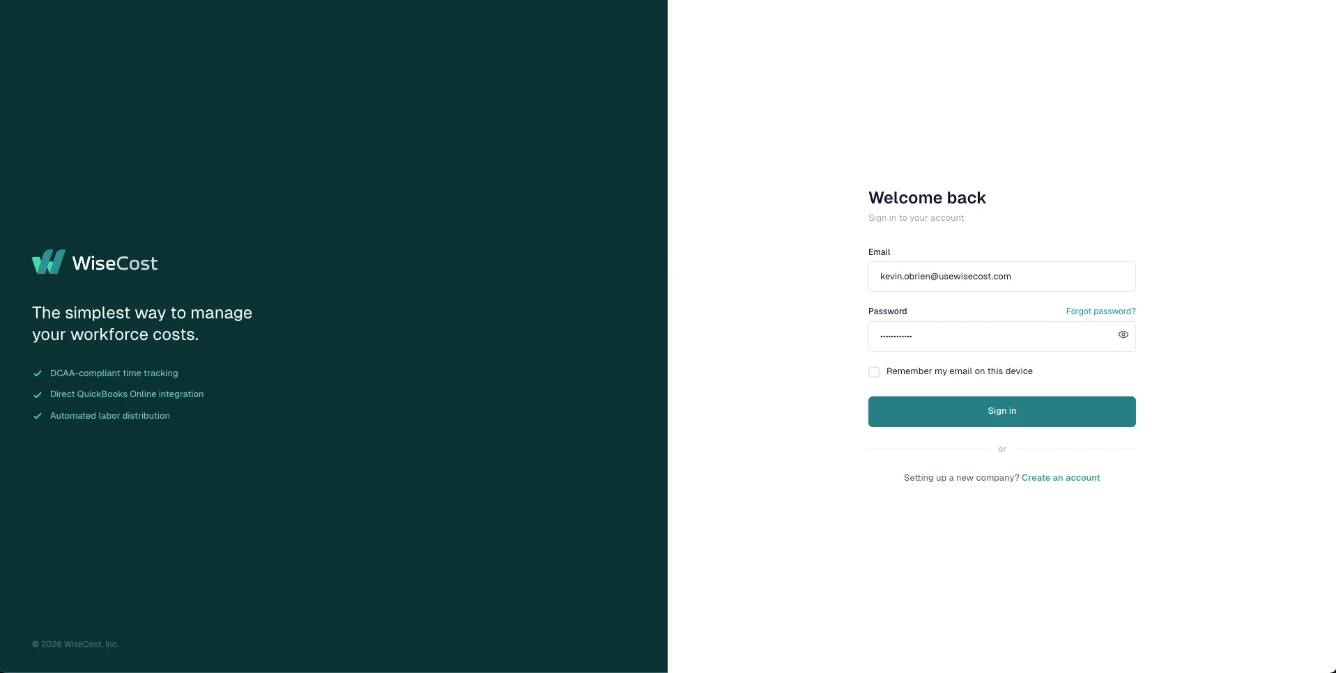 WiseCost login page