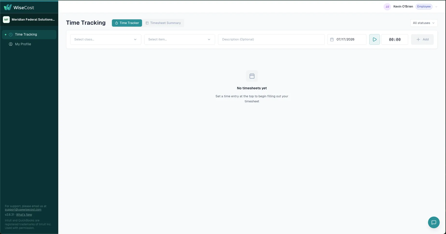WiseCost Time Tracking screen for employees