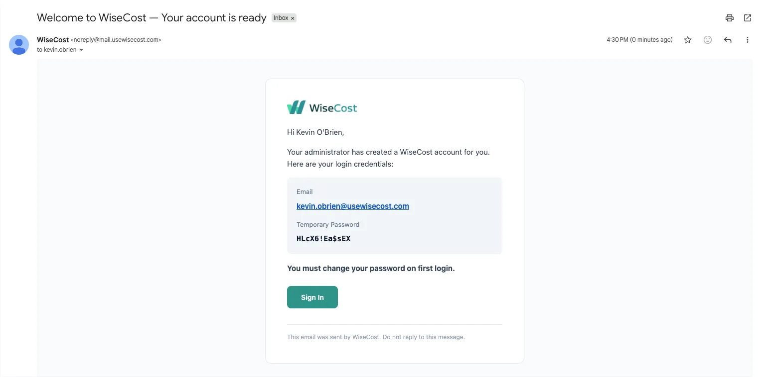 WiseCost welcome email with login credentials and temporary password