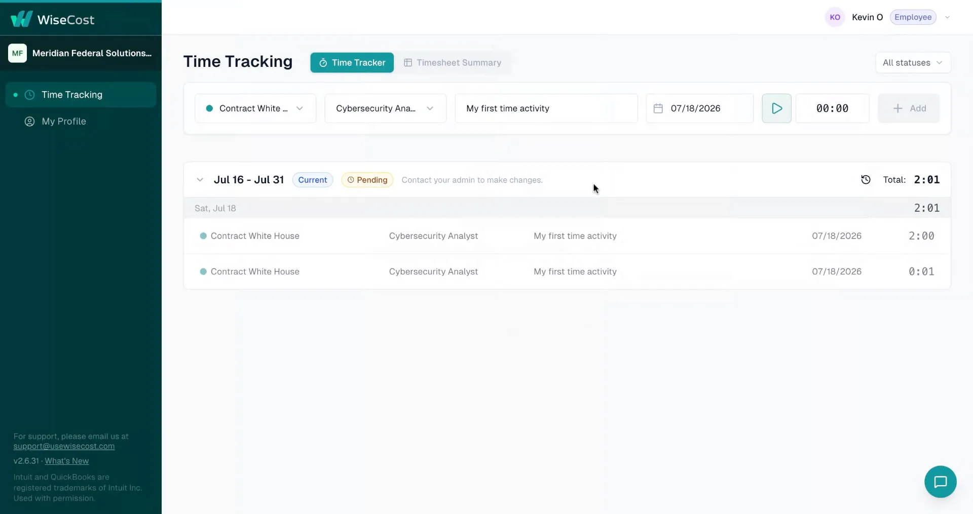 Timesheet in Pending status awaiting approval