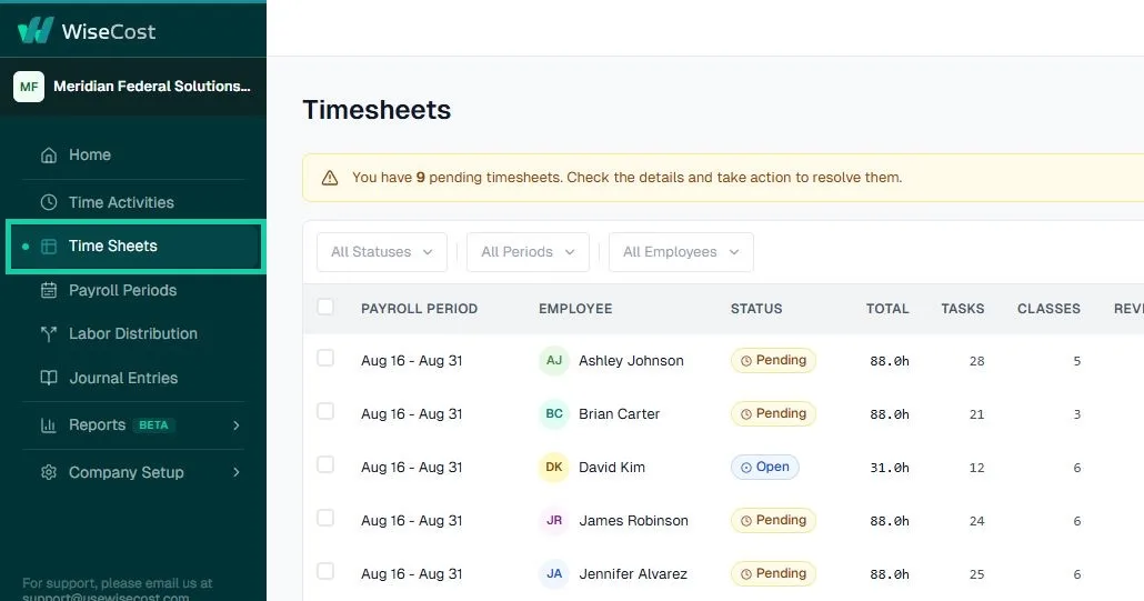 The Time Sheets section with every timesheet and its status