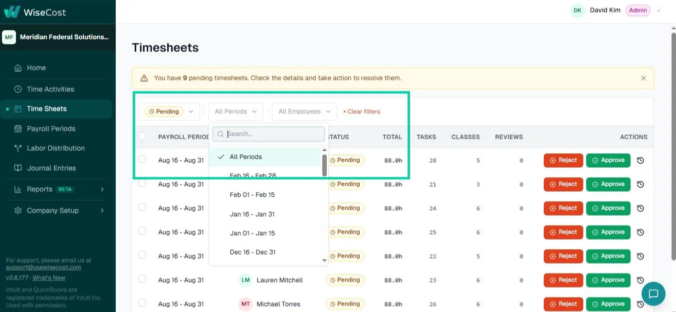 Filtering timesheets by status, period, or employee