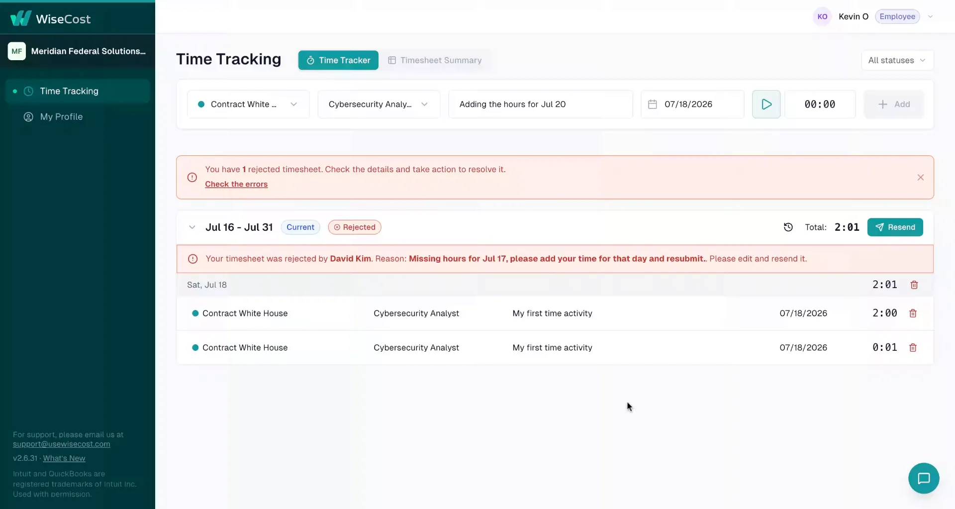 Timesheet in Rejected status