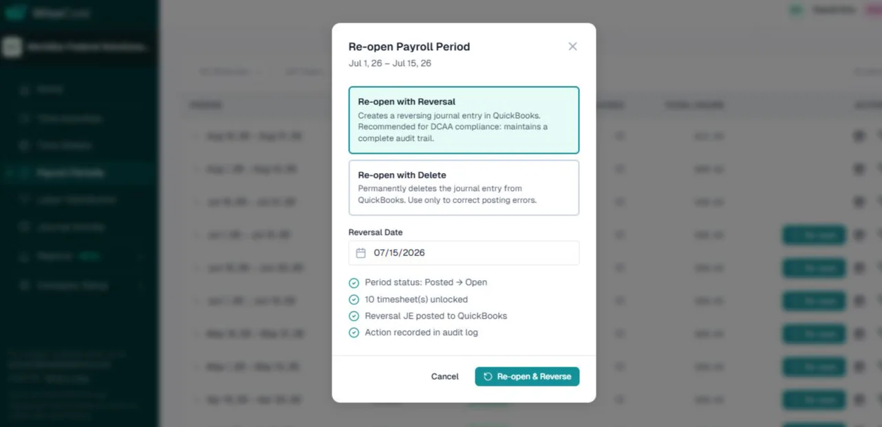 The Re-open Payroll Period dialog, with Re-open with Reversal and Re-open with Delete